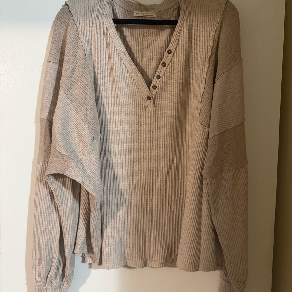 Casual Beige Waffle Knit Pullover